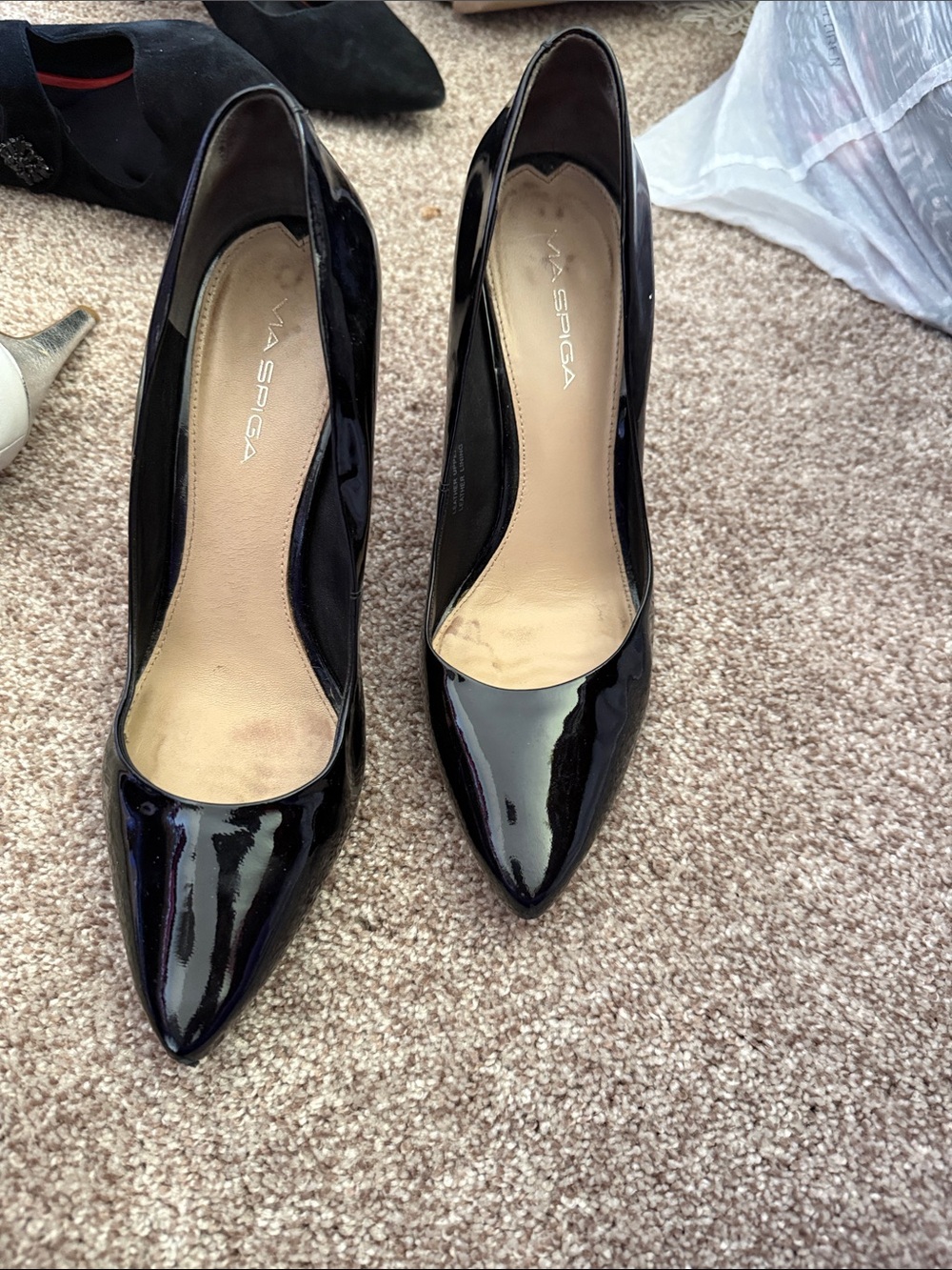 Via Spiga Black Patent Pointed Toe Stiletto Pumps